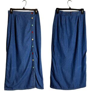 Vintage 100% Cotton Denim Button Up Maxi Skirt Women's 8 Colorful Twee Artsy 90s